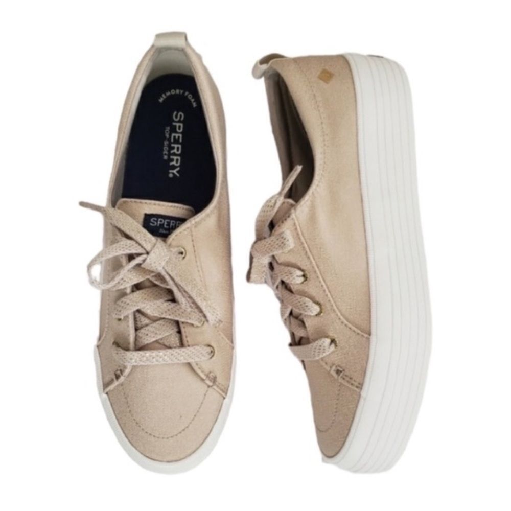 Sperry Crest Canvas Sneakers Womens Sz 6 Beige Metallic Casual Nautical‎ Preppy